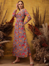 Women's Purple Floral Printed Ethnic Dress