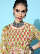 Women's Green Floral Printed Pure Cotton Kurti with Sharara
