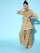 Women's Green Floral Printed Pure Cotton Kurti with Sharara