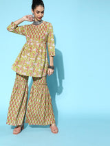 Women's Green Floral Printed Pure Cotton Kurti with Sharara