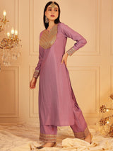 Women's Purple Ethnic Motifs Yoke Design Sequinned Straight Kurta with Trouser