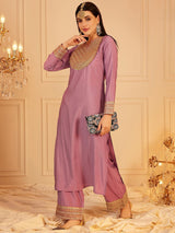 Women's Purple Ethnic Motifs Yoke Design Sequinned Straight Kurta with Trouser