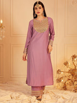 Women's Purple Ethnic Motifs Yoke Design Sequinned Straight Kurta with Trouser