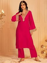 Women's Pink Ethnic Motifs Yoke Design Flared Sleeves Sequinned Straight Kurta with Trouser