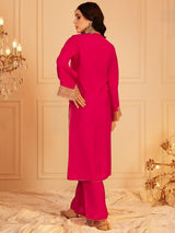 Women's Pink Ethnic Motifs Yoke Design Flared Sleeves Sequinned Straight Kurta with Trouser