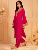 Women's Pink Ethnic Motifs Yoke Design Flared Sleeves Sequinned Straight Kurta with Trouser