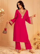 Women's Pink Ethnic Motifs Yoke Design Flared Sleeves Sequinned Straight Kurta with Trouser