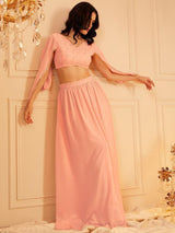 Women's Pink Embellished Flared Sleeve Top & Skirt Co-ords Set