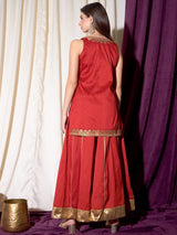 Women's Red Floral Embroidered Gotta Patti Straight Kurta with Sharara
