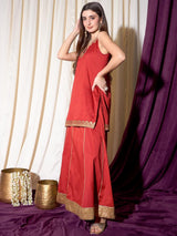 Women's Red Floral Embroidered Gotta Patti Straight Kurta with Sharara