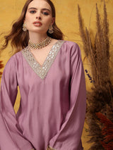 Women's Purple V-Neck Straight Kurta With Trouser