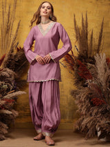 Women's Purple V-Neck Straight Kurta With Trouser