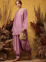 Women's Purple V-Neck Straight Kurta With Trouser