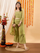 Women's Green Embellished Crop Top & Palazzo Co-ords Set