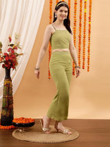 Women's Green Embellished Crop Top & Palazzo Co-ords Set