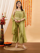 Women's Green Embellished Crop Top & Palazzo Co-ords Set