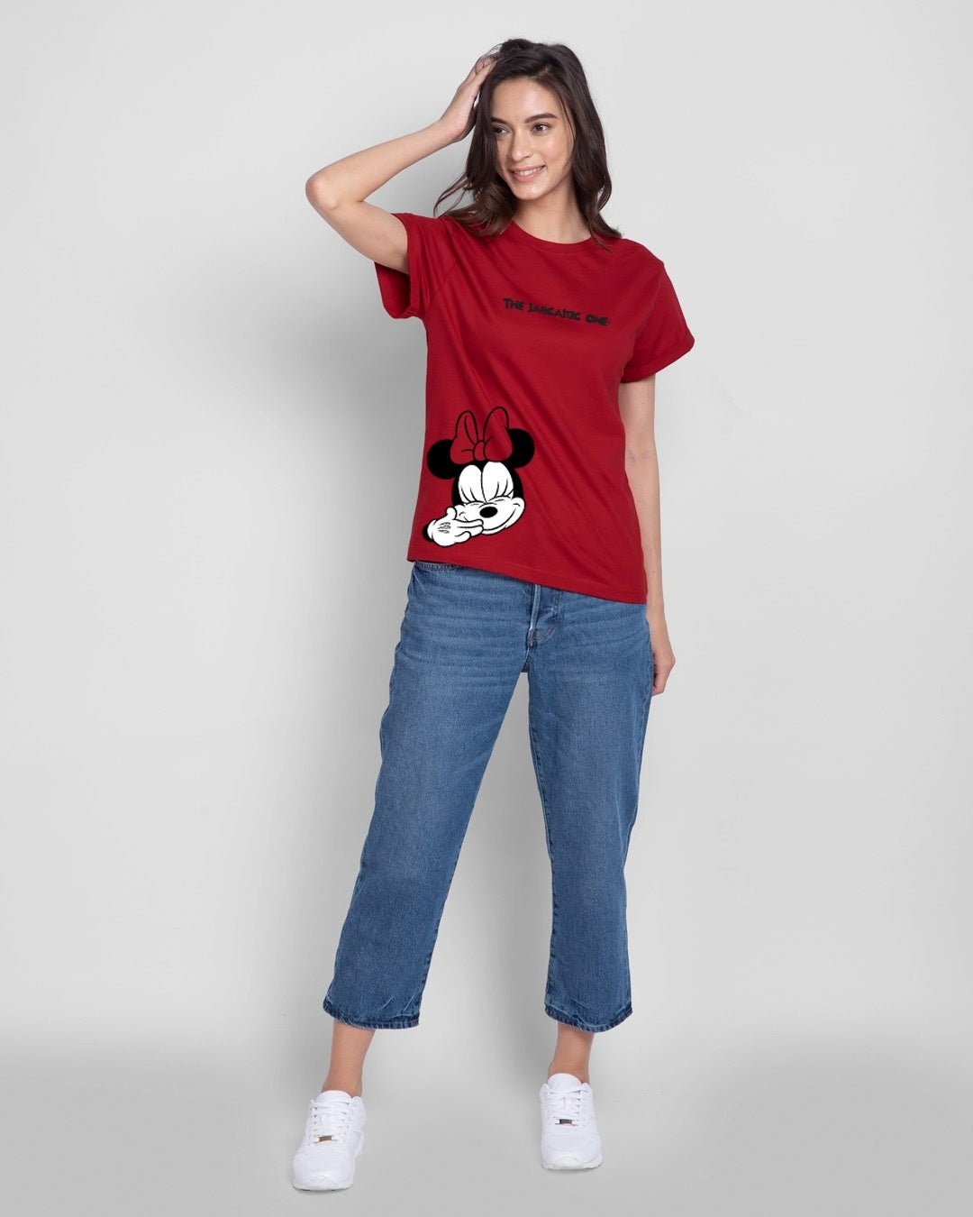 Women's Red Casual Boyfriend Fit Printed Half Sleeves Tshirt