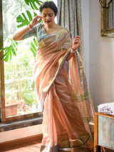 Women's Orange Maheshwari Cotton Silk Saree