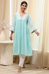 Women's Blue Festive Three Quarter Sleeves Kurta