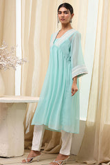 Women's Blue Festive Three Quarter Sleeves Kurta
