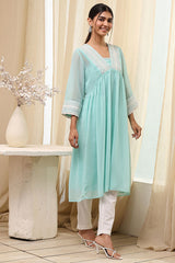 Women's Blue Festive Three Quarter Sleeves Kurta