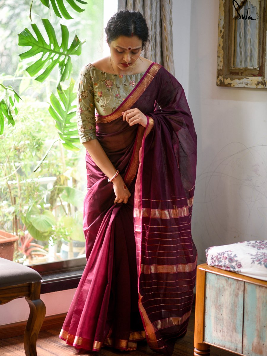 Women's Red Maheshwari Cotton Silk Saree