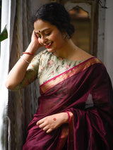Women's Red Maheshwari Cotton Silk Saree