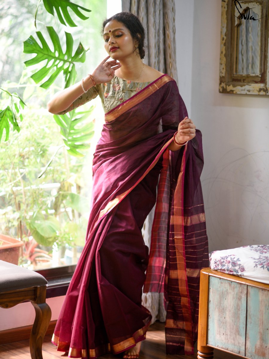 Women's Red Maheshwari Cotton Silk Saree