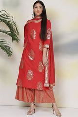 Women's Red Festive Three Quarter Sleeves Kurta Sets