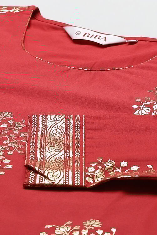 Women's Red Festive Three Quarter Sleeves Kurta Sets