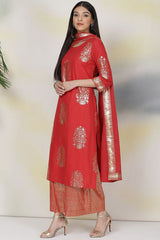 Women's Red Festive Three Quarter Sleeves Kurta Sets