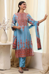 Women's Blue Festive Three Quarter Sleeves Kurta Sets