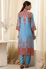 Women's Blue Festive Three Quarter Sleeves Kurta Sets