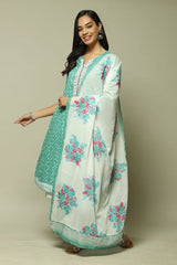 Women's Green Festive Three Quarter Sleeves Kurta Sets