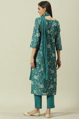 Women's Green Festive Three Quarter Sleeves Kurta Sets