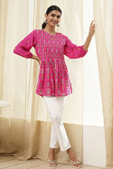 Women's Pink Festive Three Quarter Sleeves Kurti