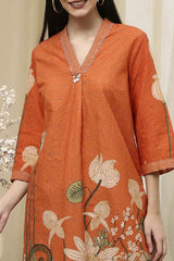 Women's Orange Festive Three Quarter Sleeves Kurta