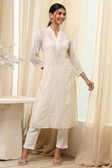 Women's White Festive Three Quarter Sleeves Kurta