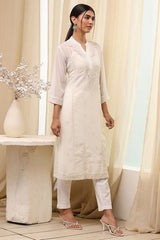 Women's White Festive Three Quarter Sleeves Kurta
