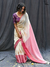 Women's White Cotton Blend Saree