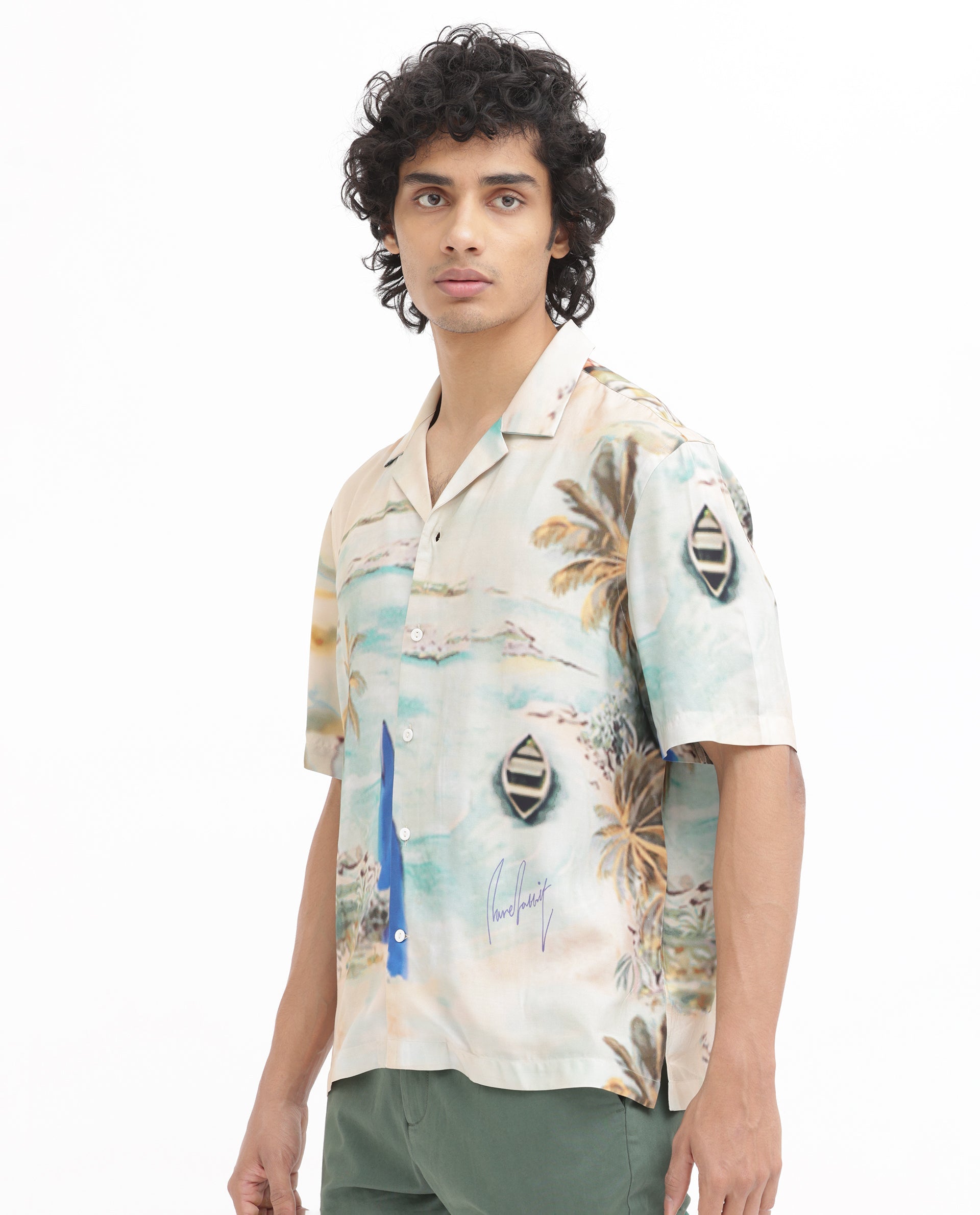 Men's Beige Casual Regular Fit Printed Half Sleeves Shirt