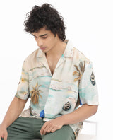 Men's Beige Casual Regular Fit Printed Half Sleeves Shirt