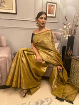 Women's Yellow Artificial Silk Zari Saree with Blouse Piece