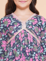 Girls Navy Blue Pink Floral Printed Kurta With Palazzos