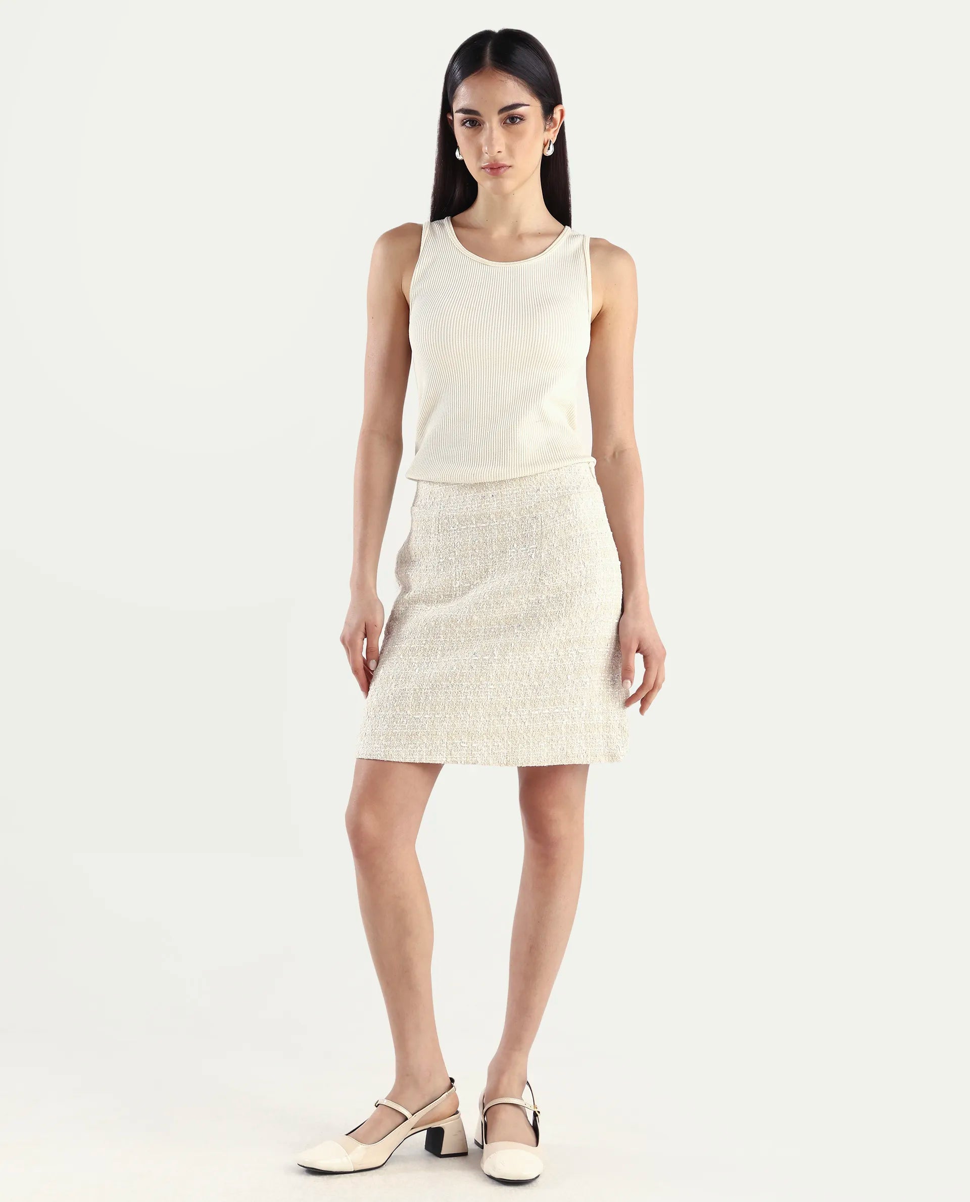 Women's Beige Polyester Blend Plain Mini Fitted Skirt