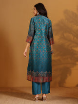 Women's Patola Printed Blue Mandrin Collar Straight Kurta With Solid Bottom And Printed Dupatta
