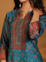 Women's Patola Printed Blue Mandrin Collar Straight Kurta With Solid Bottom And Printed Dupatta