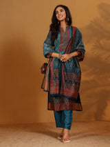 Women's Patola Printed Blue Mandrin Collar Straight Kurta With Solid Bottom And Printed Dupatta