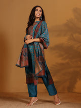 Women's Patola Printed Blue Mandrin Collar Straight Kurta With Solid Bottom And Printed Dupatta