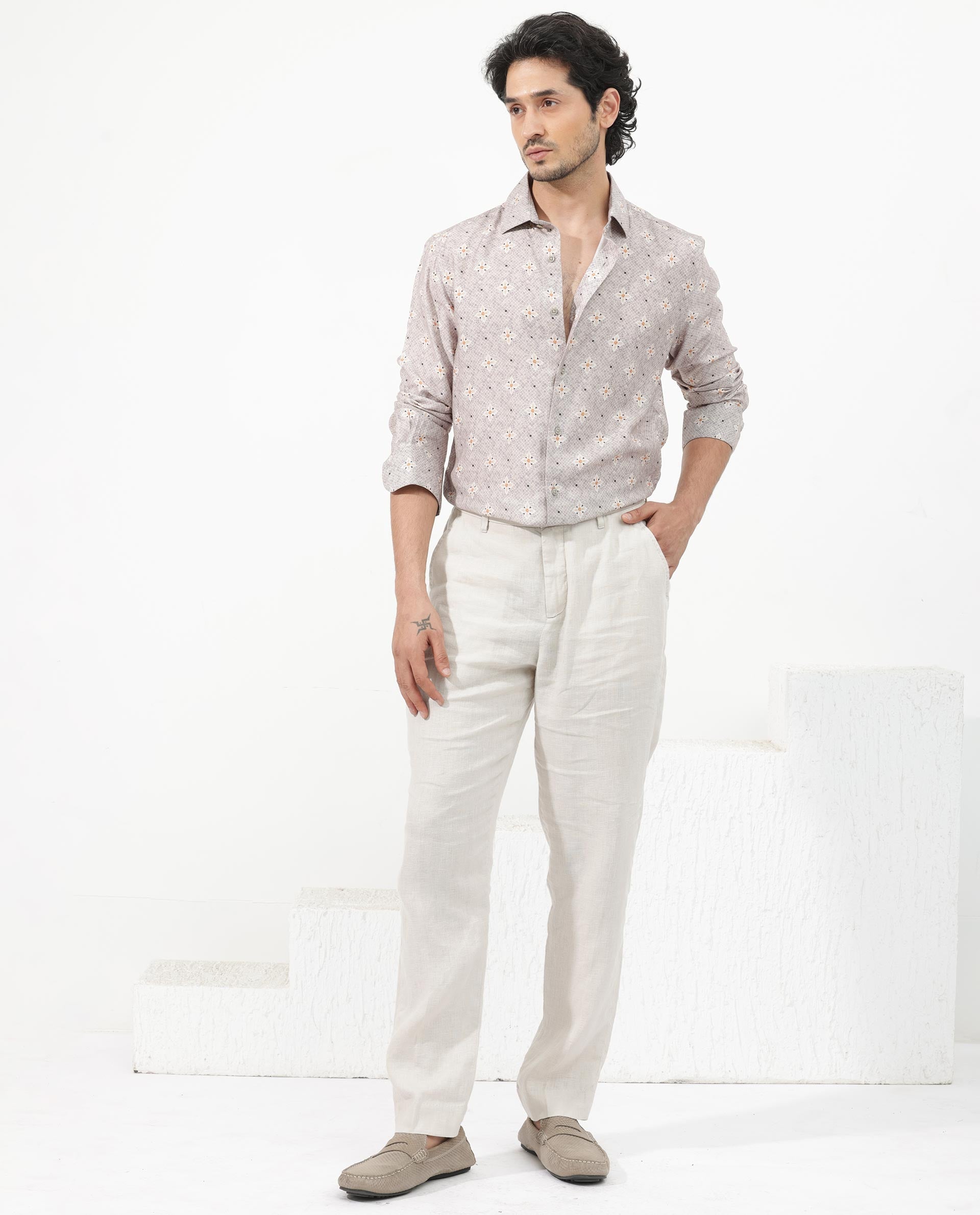 Men's Grey Casual Regular Fit Printed Full Sleeves Shirt